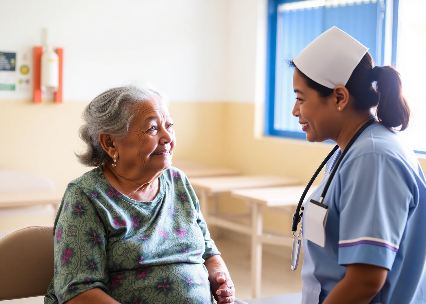 A nurse talking with an elderly patient and her daughter